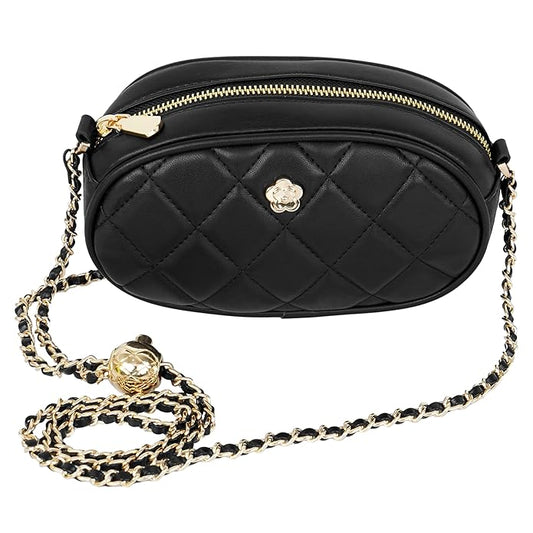 Storite PU Leather Quilted Sling Bag with Detachable Chain Strap, Crossbody Bag with Multi-Compartment for Women and Girls - Black