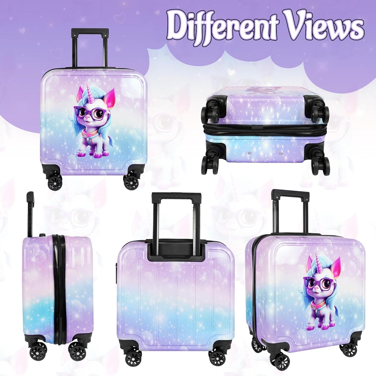Storite 15 Inches Kids Trolley Bag Hard-Sided Polycarbonate Cute Unicorn Print Spinner Suitcase Cabin Luggage for Kids - Rainbow