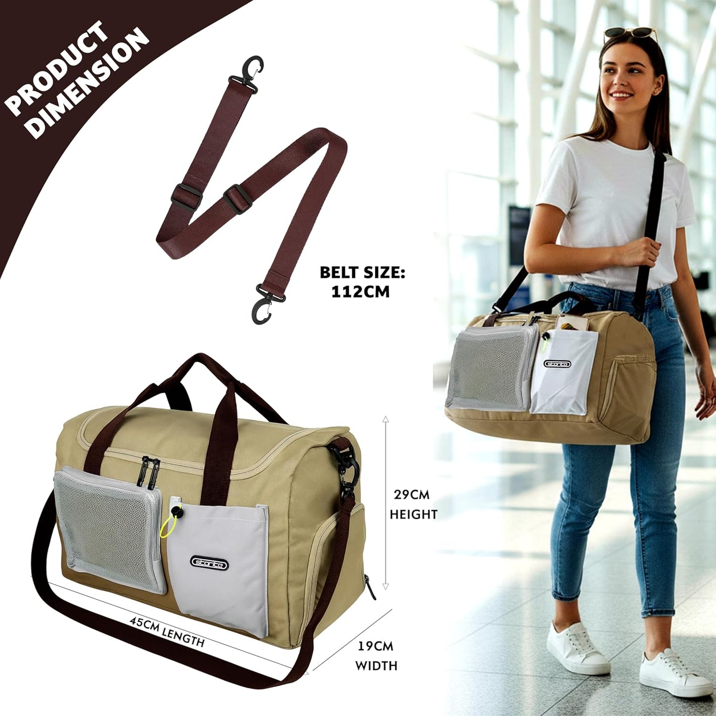 Storite 45cm Multipurpose Travel Duffle Bag for Women – Lightweight Nylon Weekender Overnight Bag with Mesh and Zipper Pockets, Shoe Compartment – Beige (45 x 19 x 29 cm)