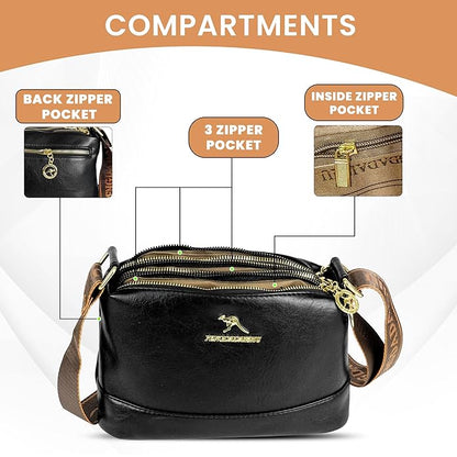 Storite PU Leather Sling Bag, Crossbody Bag with Multi-Compartment for Women and Girls With Adjustable Shoulder Strap - Black