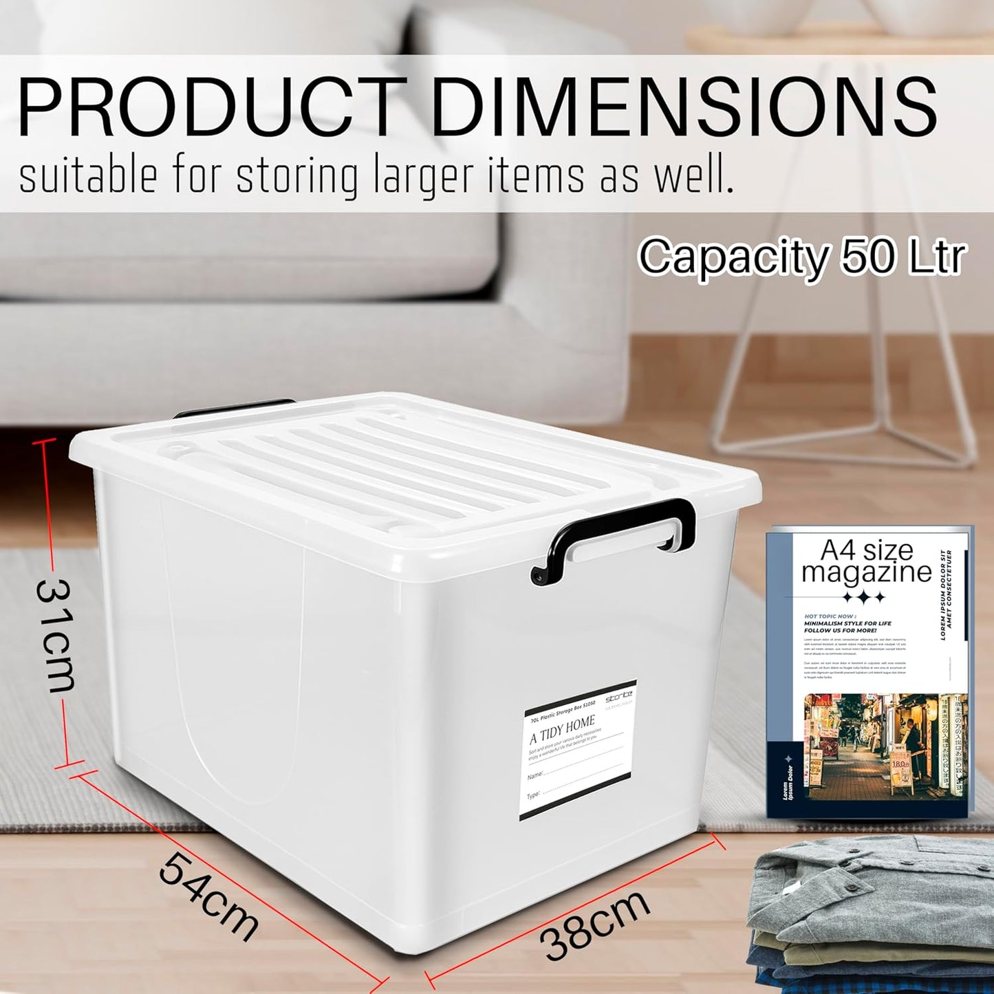 Storite 2 Pack 50 Ltr Multipurpose Plastic Storage Container Box With Small Rolling Wheels (Clear,Transparent),54 x 38 x 31 cm, Rectangular