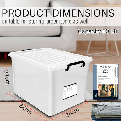 Storite 2 Pack 50 Ltr Multipurpose Plastic Storage Container Box With Small Rolling Wheels (Clear,Transparent),54 x 38 x 31 cm, Rectangular
