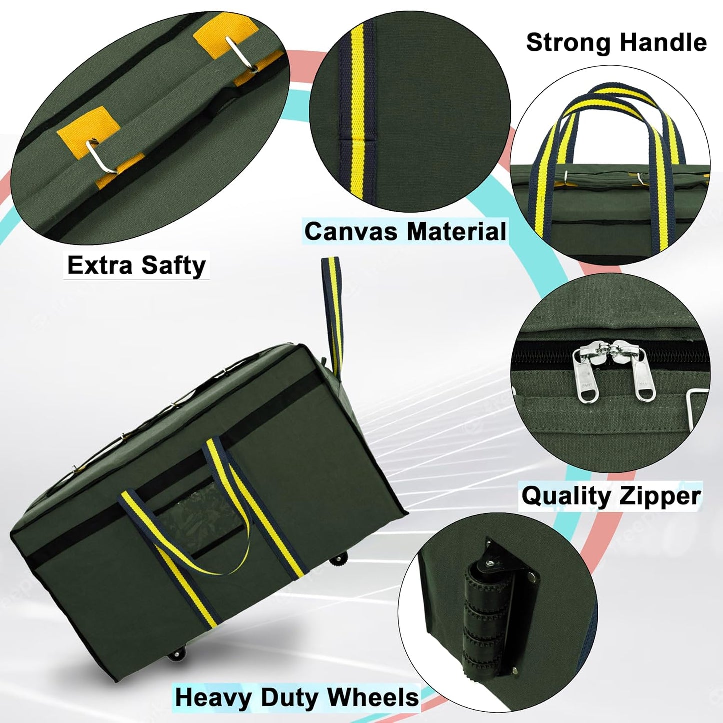 Storite Canvas 90 Liter Large Strong Travel Luggage Duffel Storage Bag with Six Wheels & Front Transparent Pocket (Blue,73 x 27.5 x 45 cm) (Olive Green)