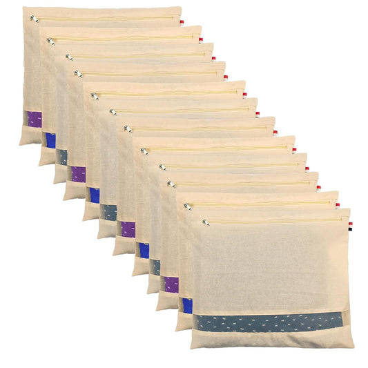 Storite 12 Pk Cotton Saree Bags/Covers With Zip Closure For Clothes Bags and Wardrobe Organizer With Transparent Mesh Window (42 * 37cm)– Beige