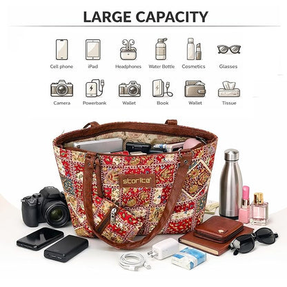 Storite Women's Tote Bag with Leather Handles and Embroidery Printed Handbag with Zip Pockets, Shoulder Tote Bag and Handbag for Office and College