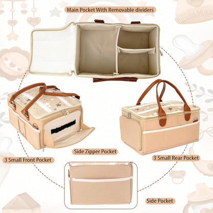 Storite Cute Felt Diaper Caddy Organizer Bag with Lid and Removable Shoulder Strap | Baby Basket Essentials for Newborn Baby Products Storage with Compartments | 40 x 27 x 19 cm | Model 2 – Beige
