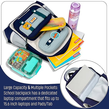 Storite Skateboard Theme School Backpack – Durable & Lightweight Bag with Cartoon Patches, Suitable for Class 5–8 Students – Navy Blue & Grey