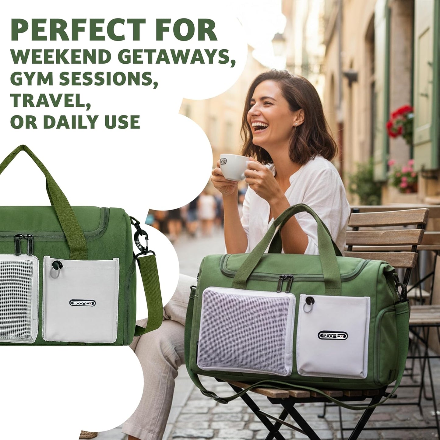 Storite 45cm Multipurpose Travel Duffle Bag for Women – Lightweight Nylon Weekender Overnight Bag with Mesh and Zipper Pockets, Shoe Compartment – Green (45 x 19 x 29 cm)