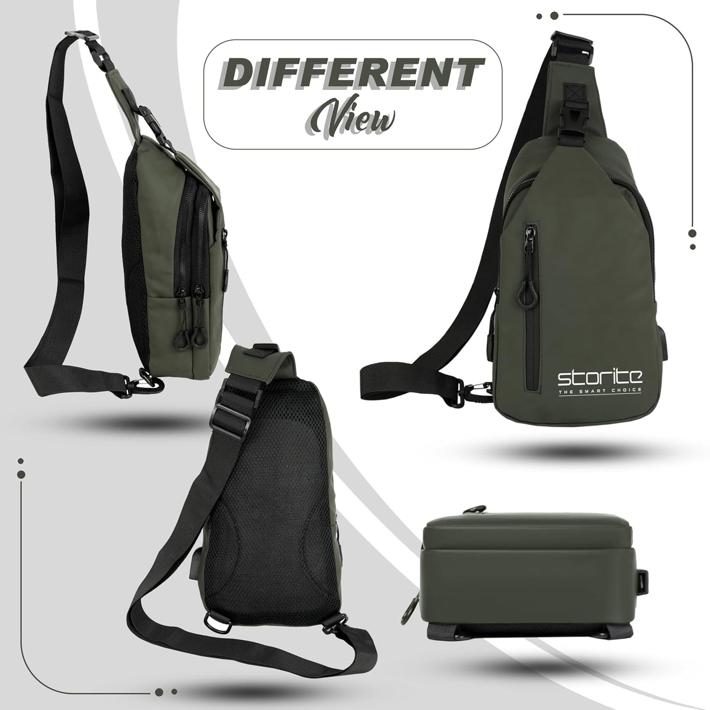 Storite Stylish Crossbody Sling Bag for Men and Women, Anti-Theft Chest Bag with USB Charging Port, Messenger Bags, Casual Shoulder Bag - Olive
