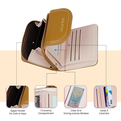 Storite Womens Stylish Compact Leather Wallet 5 Card Slots,1 ID Window, Ladies Mini Purse Money Pocket with Zipper Closure (Brown - 11 x 9 x 3 Cm)