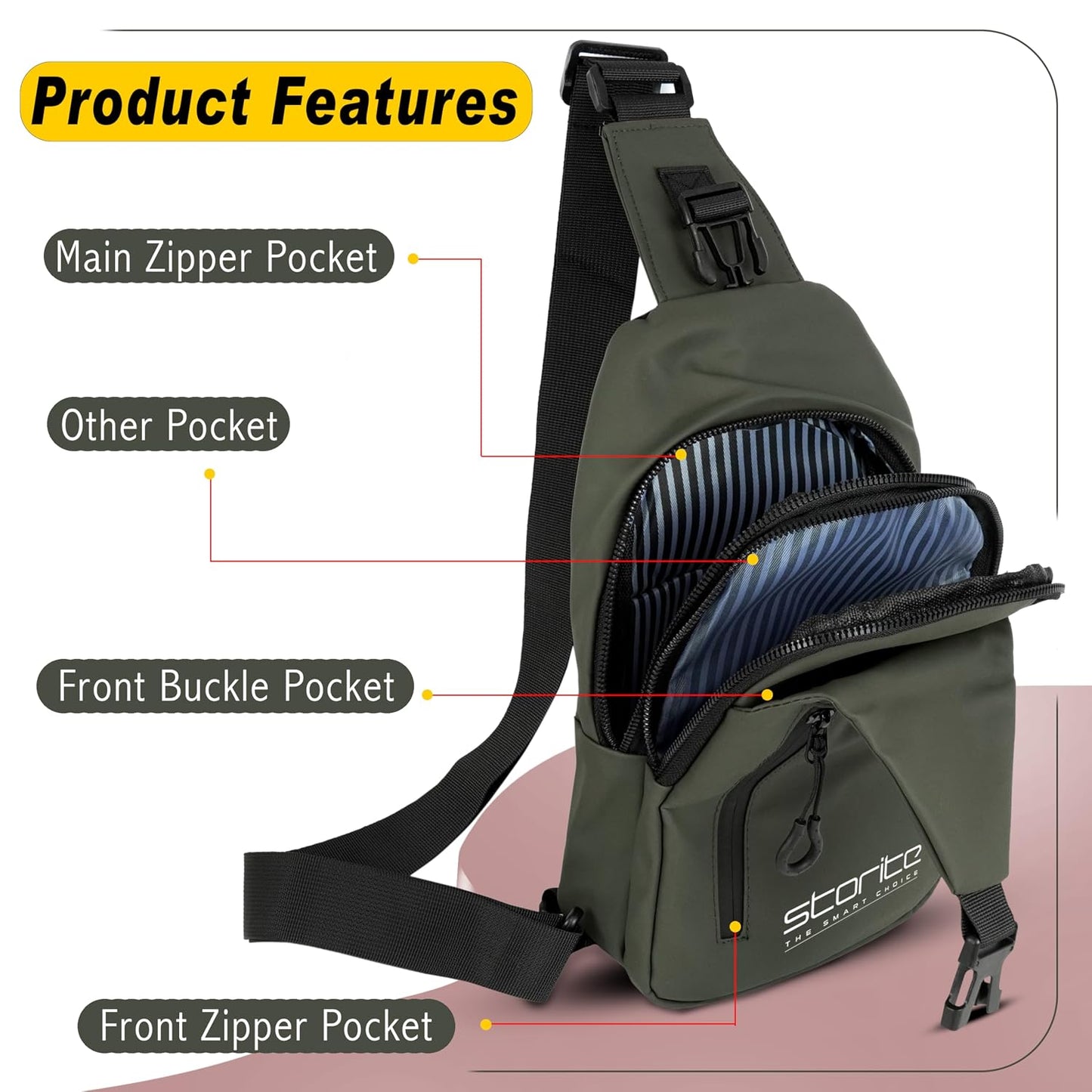 Storite Stylish Crossbody Sling Bag for Men and Women, Anti-Theft Chest Bag with USB Charging Port, Messenger Bags, Casual Shoulder Bag - Olive