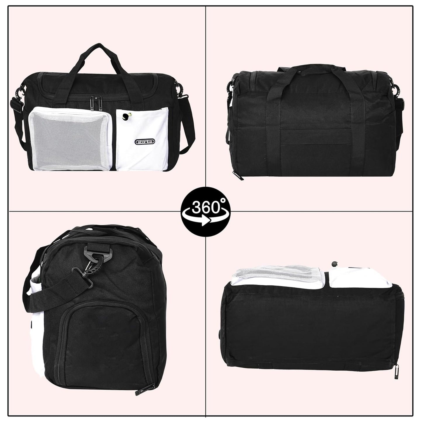 Storite 45cm Multipurpose Travel Duffle Bag for Women – Lightweight Nylon Weekender Overnight Bag with Mesh and Zipper Pockets, Shoe Compartment – Black (29 x 19 x 45 cm)