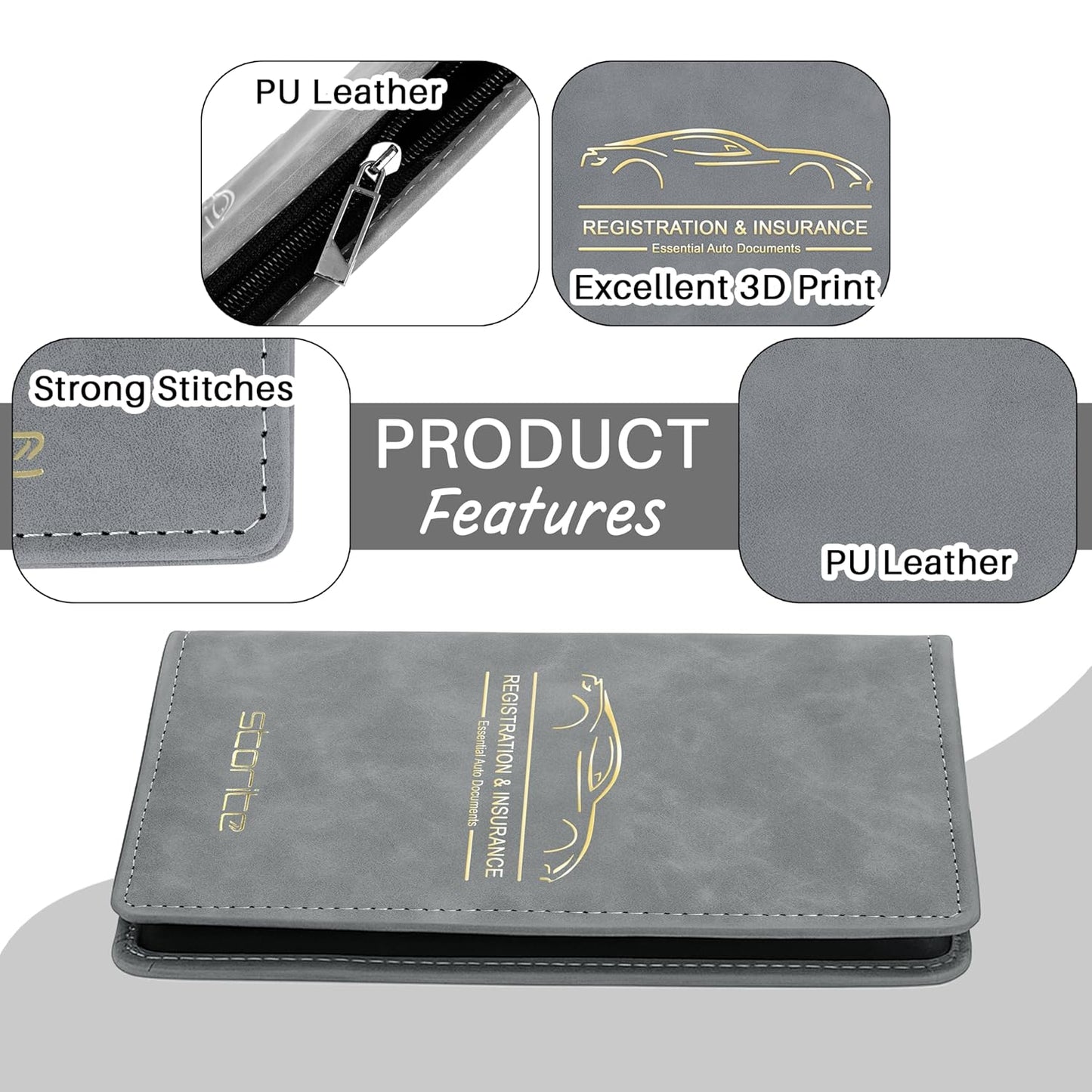 Storite Pu Leather Zipper Unique Car Registration and Insurance Card Holder, Vehicle License Document Glove Box Compartment Organizer for Men and Women - (Grey- 23 x 1 x 13.5cm)