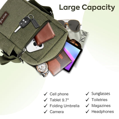 Storite Stylish Padded Canvas Small Sling Cross Body Travel Office One Side Shoulder Bag for Men Women (Green - 16 x 8 x 25.5 Cm)