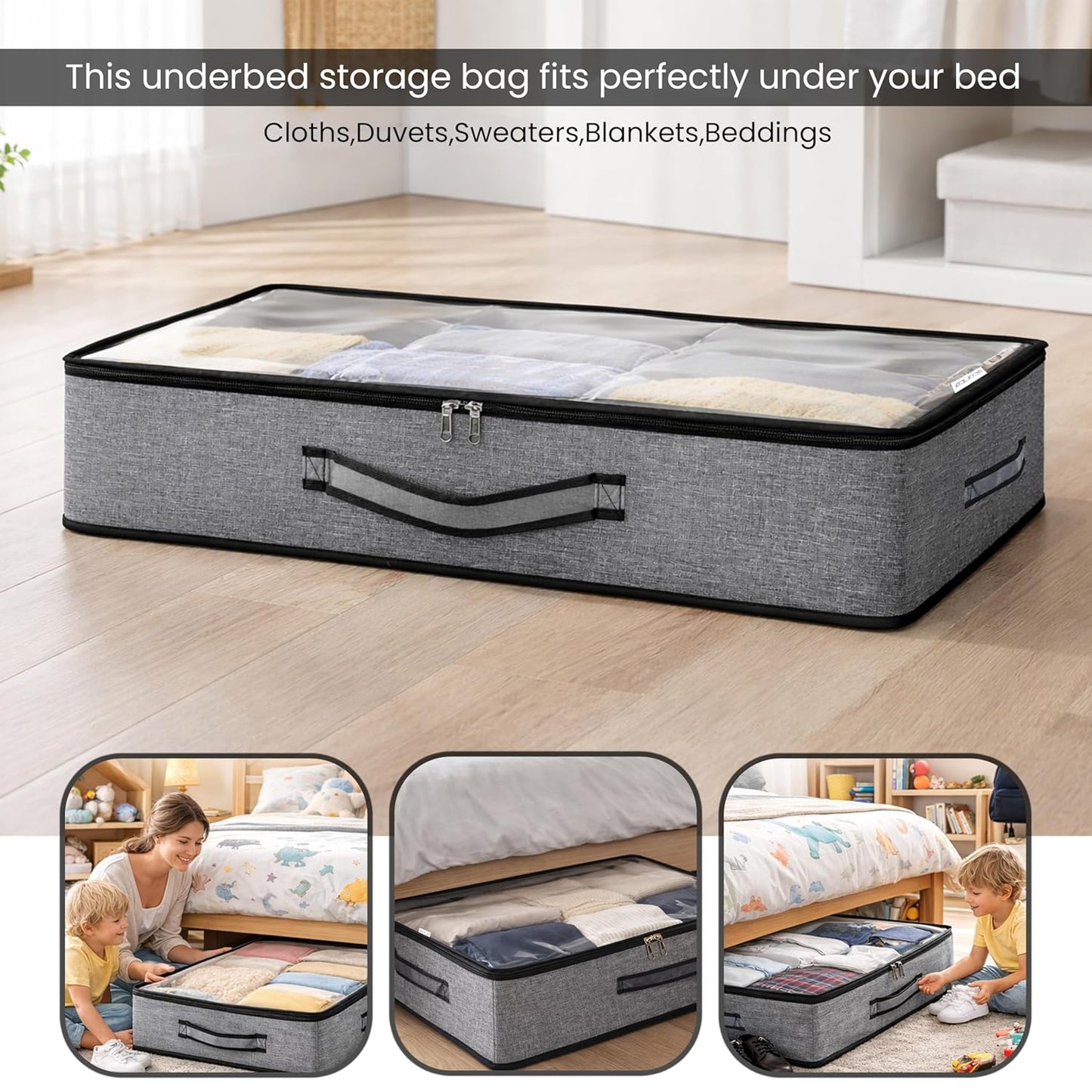 Storite Foldable Underbed Bag - Blankets Clothes Comforters Storage Bag Breathable Zippered Organizer for Bedroom with Clear Window and Handles