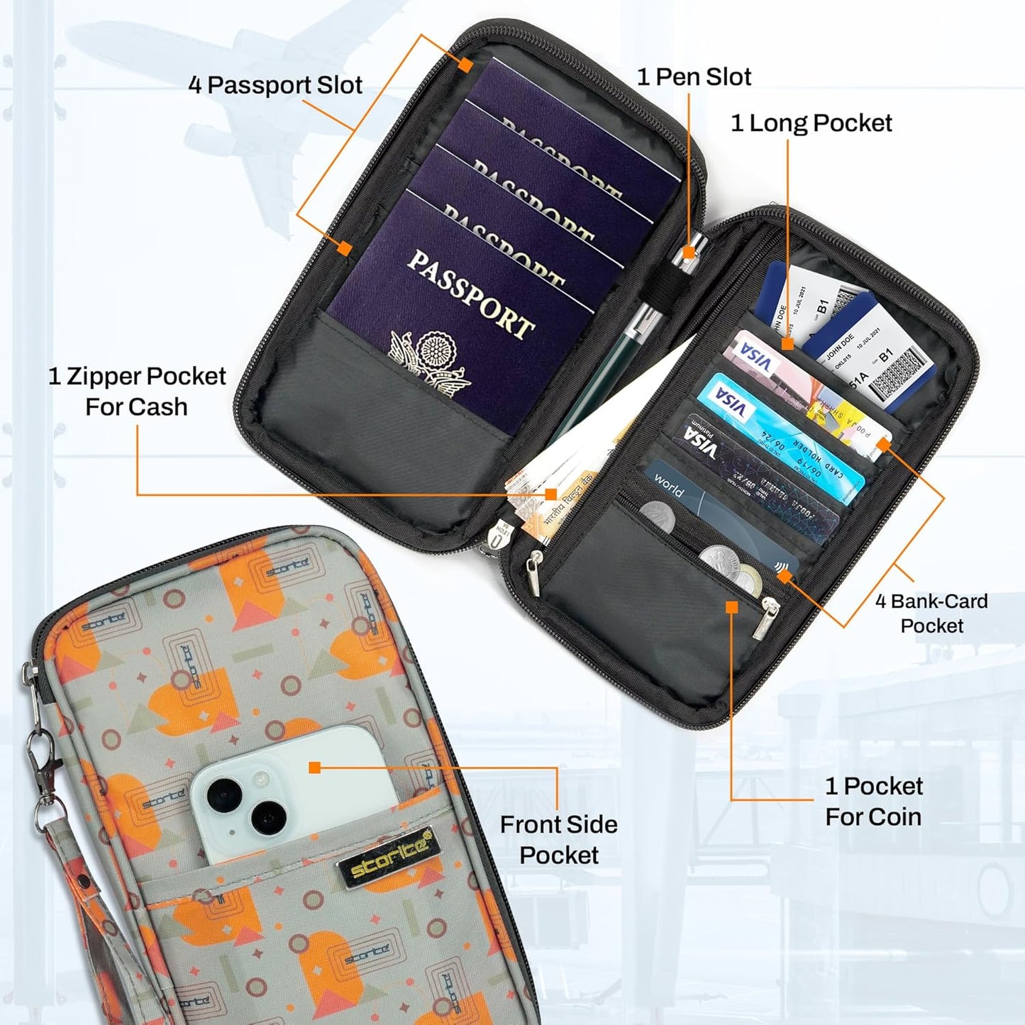 Storite Nylon Geometric Design Travel Passport Holder Wallet Passport Cover Travel Accessories Passport Holder Organizer for Men Women(Orange/Grey - 13 x 3 x 23 cm)