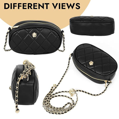 Storite PU Leather Quilted Sling Bag with Detachable Chain Strap, Crossbody Bag with Multi-Compartment for Women and Girls - Black