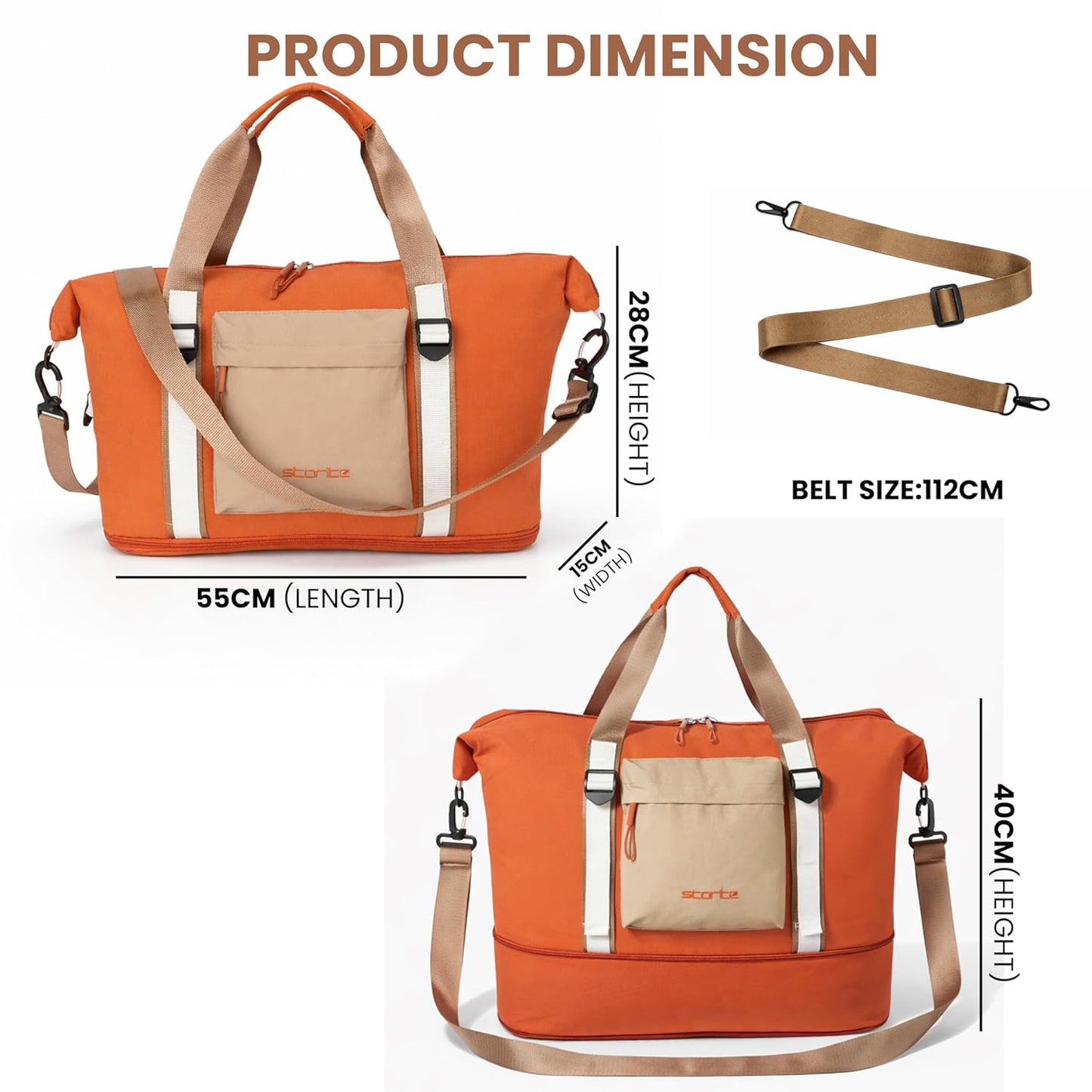 Storite Expandable Travel Duffle Bag for Women Lightweight Foldable Luggage Bag with Multi-Pocket Organizer Water Resistance Bag for Traveling, Gym Weekend Trips (Orange)