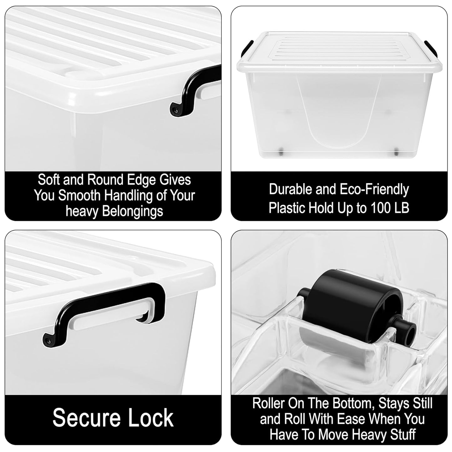 Storite 2 Pack 50 Ltr Multipurpose Plastic Storage Container Box With Small Rolling Wheels (Clear,Transparent),54 x 38 x 31 cm, Rectangular