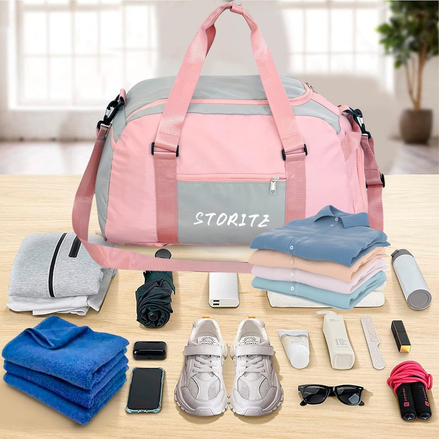 Storite Nylon 46 Cm Multi Purpose Travel Duffle Bag With Dry And Wet Separate Pocket, Lightweight Waterproof Backpack Carry Luggage Bag With Shoe Compartment (Pinkgrey, 46X27X24 Cm), 25 Centimeters Visit the Storite Store