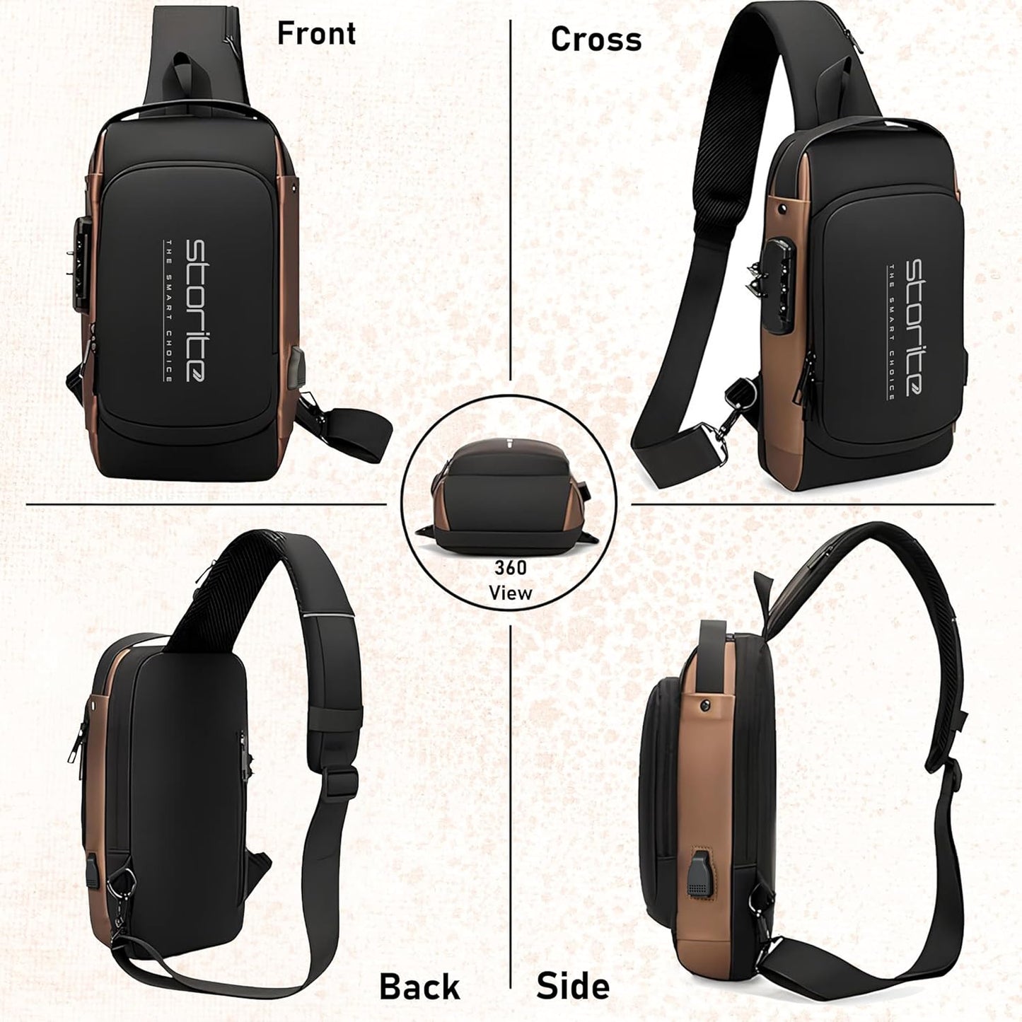 Storite Sling Bag for Men Stylish Crossbody Backpack for Men Women, Anti-Theft Water-resistant Chest Bag, Messenger Bags, Casual Side Shoulder Bag - (Black Brown - 17 x 9 x 32 Cm)