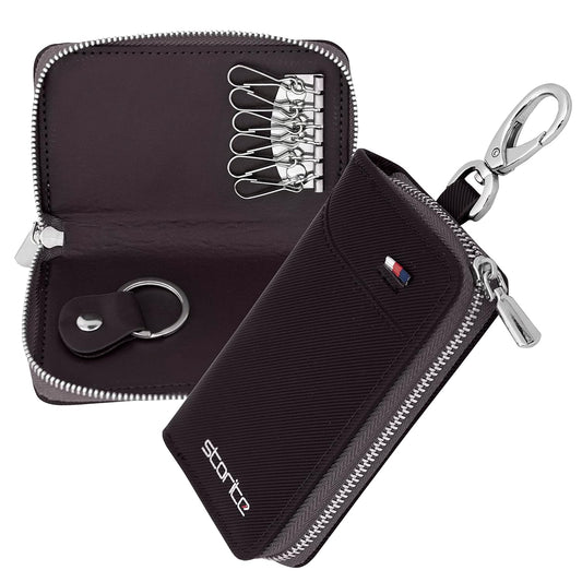 Storite PU Leather Large Key Case Pouch Wallet Key Chain Key Holder Ring with 6 Key Hooks,1 IC Key Ring, Metal Buckle With Zipper Closure. (7.5X2X12 CM - Coffee Brown)