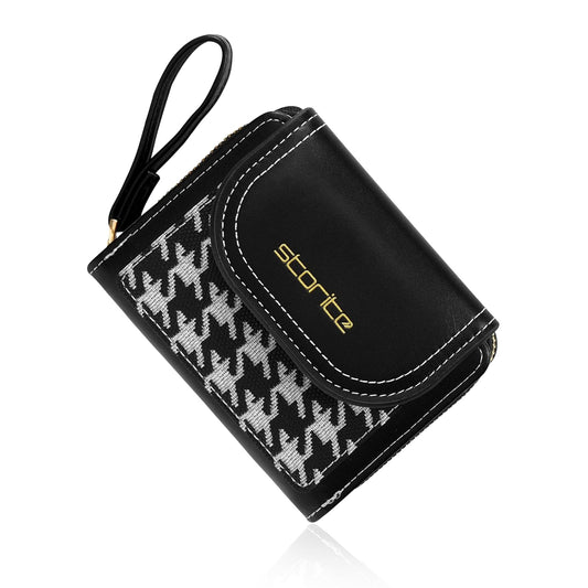 Storite Womens Stylish Compact Leather Wallet 5 Card Slots,1 ID Window, Ladies Mini Purse Money Pocket with Zipper Closure (Black - 11 x 3 x 9 Cm)
