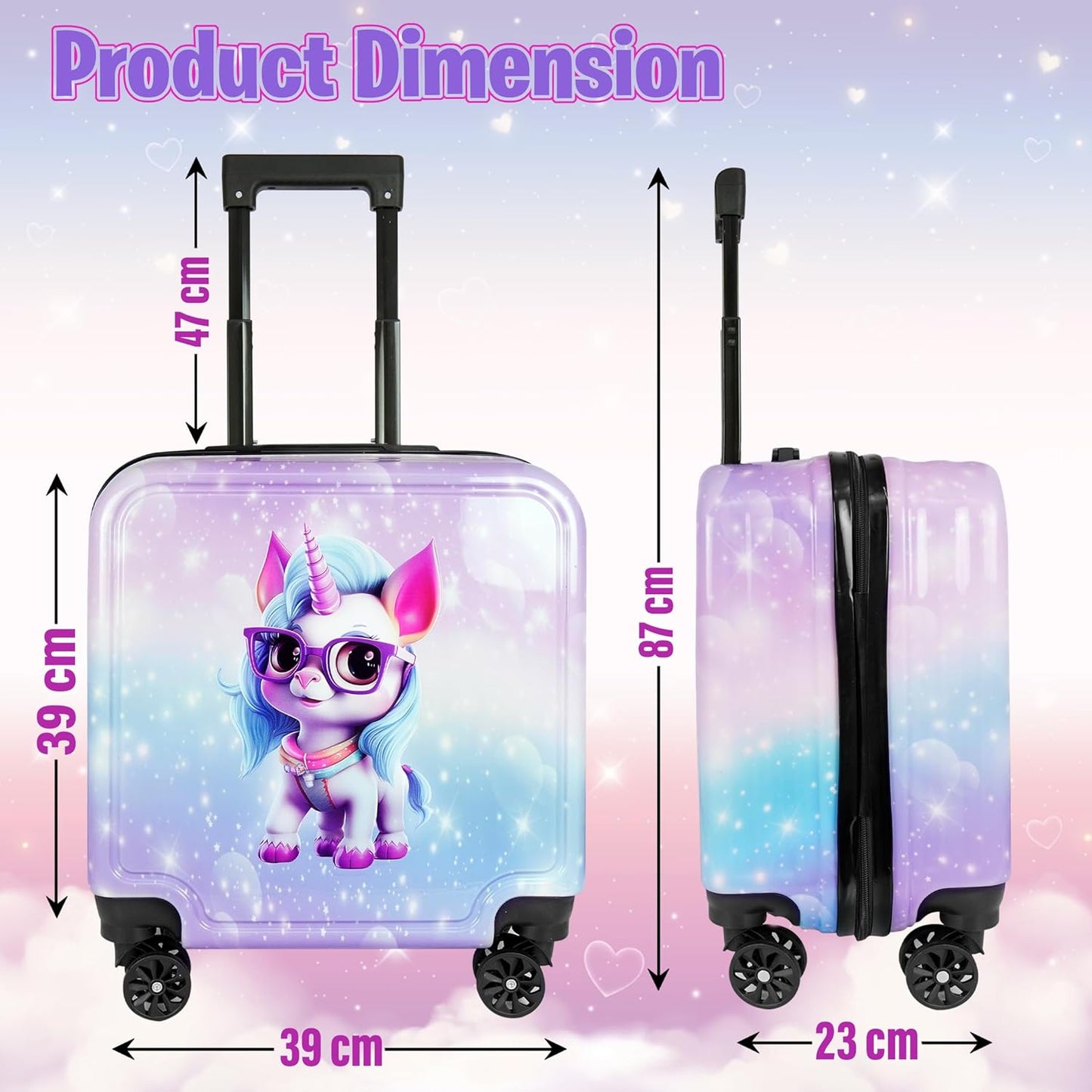 Storite 15 Inches Kids Trolley Bag Hard-Sided Polycarbonate Cute Unicorn Print Spinner Suitcase Cabin Luggage for Kids - Rainbow