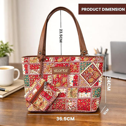 Storite Women's Tote Bag with Leather Handles and Embroidery Printed Handbag with Zip Pockets, Shoulder Tote Bag and Handbag for Office and College