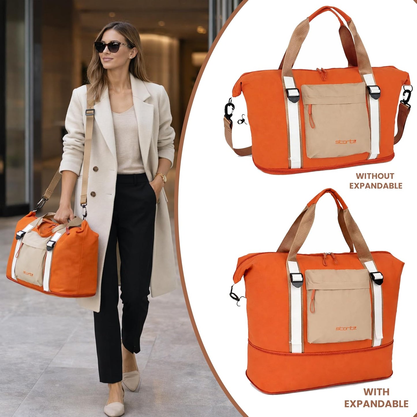 Storite Expandable Travel Duffle Bag for Women Lightweight Foldable Luggage Bag with Multi-Pocket Organizer Water Resistance Bag for Traveling, Gym Weekend Trips (Orange)