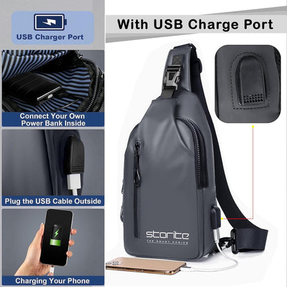 Storite Stylish Crossbody Sling Bag for Men and Women, Anti-Theft Chest Bag with USB Charging Port, Messenger Bags, Casual Shoulder Bag - Grey