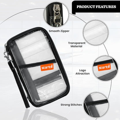 Storite Transparent Travel Family Passport Holder Wallet Document Organizer Travel Accessories for Credit Debit Card Boarding Pass with Removable Hand Strap for Men and Women (Black-23 x 3 x 13 Cm)