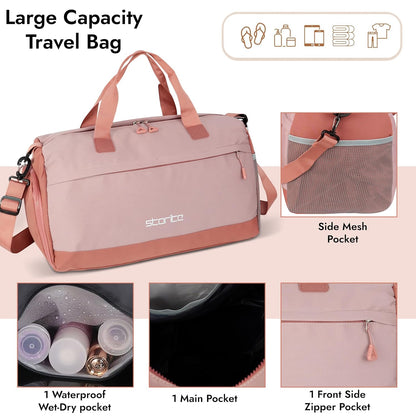 Storite Nylon 45 cm Travel Duffle Bag for Women with Luggage Trolley Sleeve Lightweight, Waterproof Luggage Bag with Shoe Compartment (Pink, 45 x 18 x 25 cm)