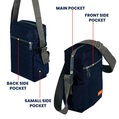 Storite 10 Inch Stylish Padded Mini Sling Bag for Men and Women, Small Passport Travel Bag and Small Sling Bag With Water Bottle Pocket (25 x 16 x 7.5cm, Navy Blue)