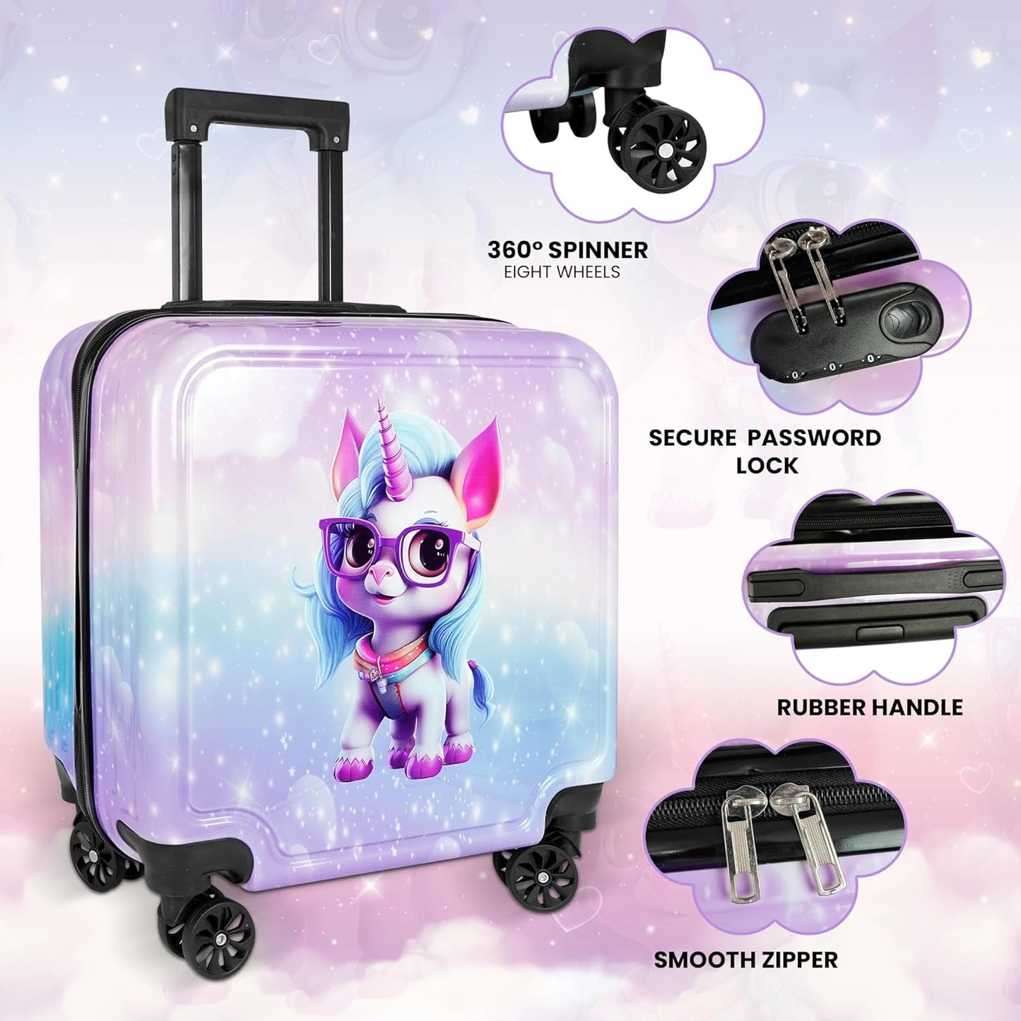 Storite 15 Inches Kids Trolley Bag Hard-Sided Polycarbonate Cute Unicorn Print Spinner Suitcase Cabin Luggage for Kids - Rainbow