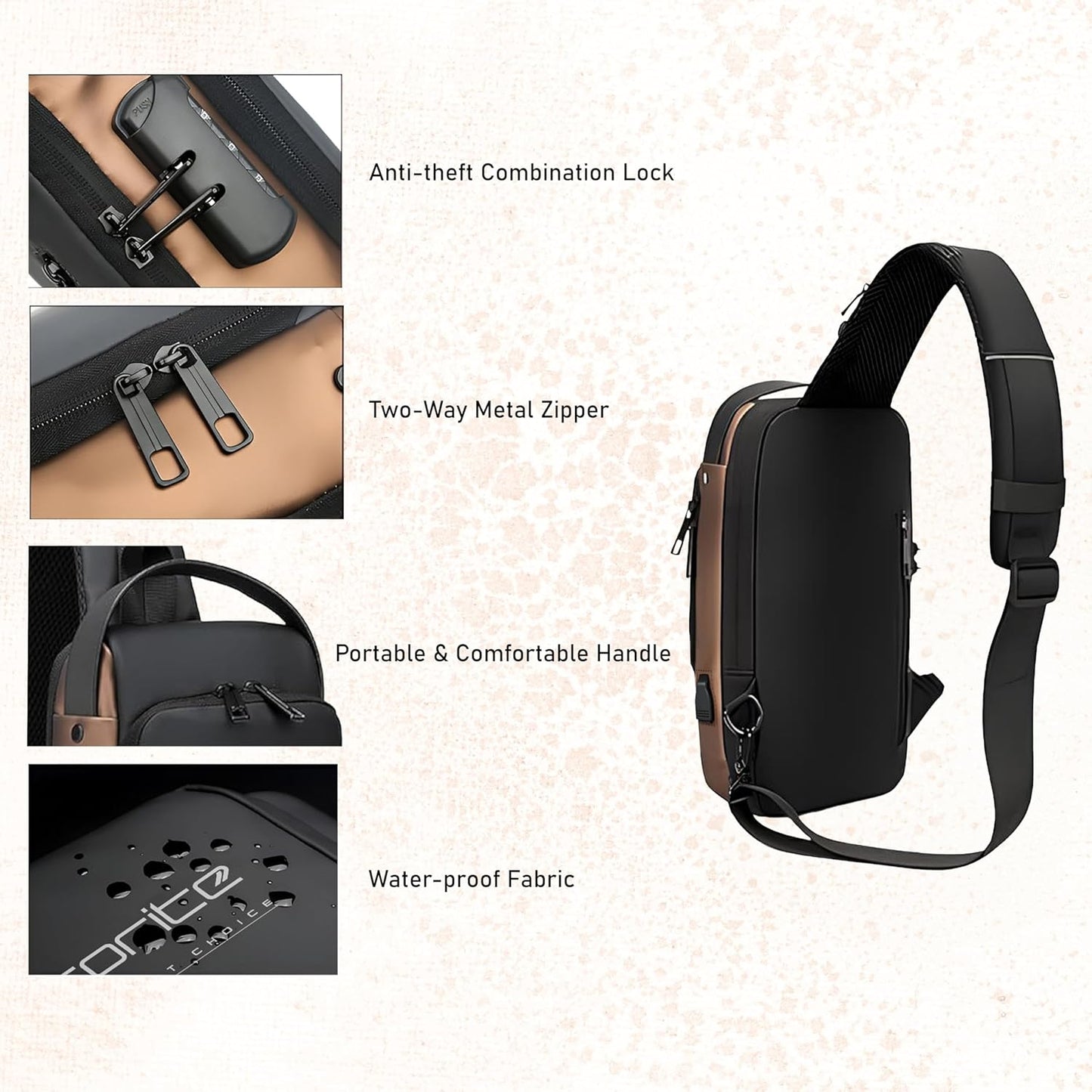 Storite Sling Bag for Men Stylish Crossbody Backpack for Men Women, Anti-Theft Water-resistant Chest Bag, Messenger Bags, Casual Side Shoulder Bag - (Black Brown - 17 x 9 x 32 Cm)