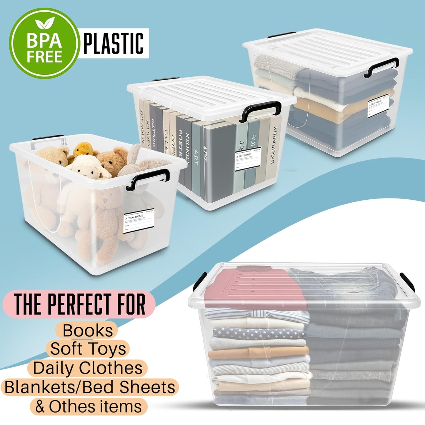 Storite 2 Pack 50 Ltr Multipurpose Plastic Storage Container Box With Small Rolling Wheels (Clear,Transparent),54 x 38 x 31 cm, Rectangular