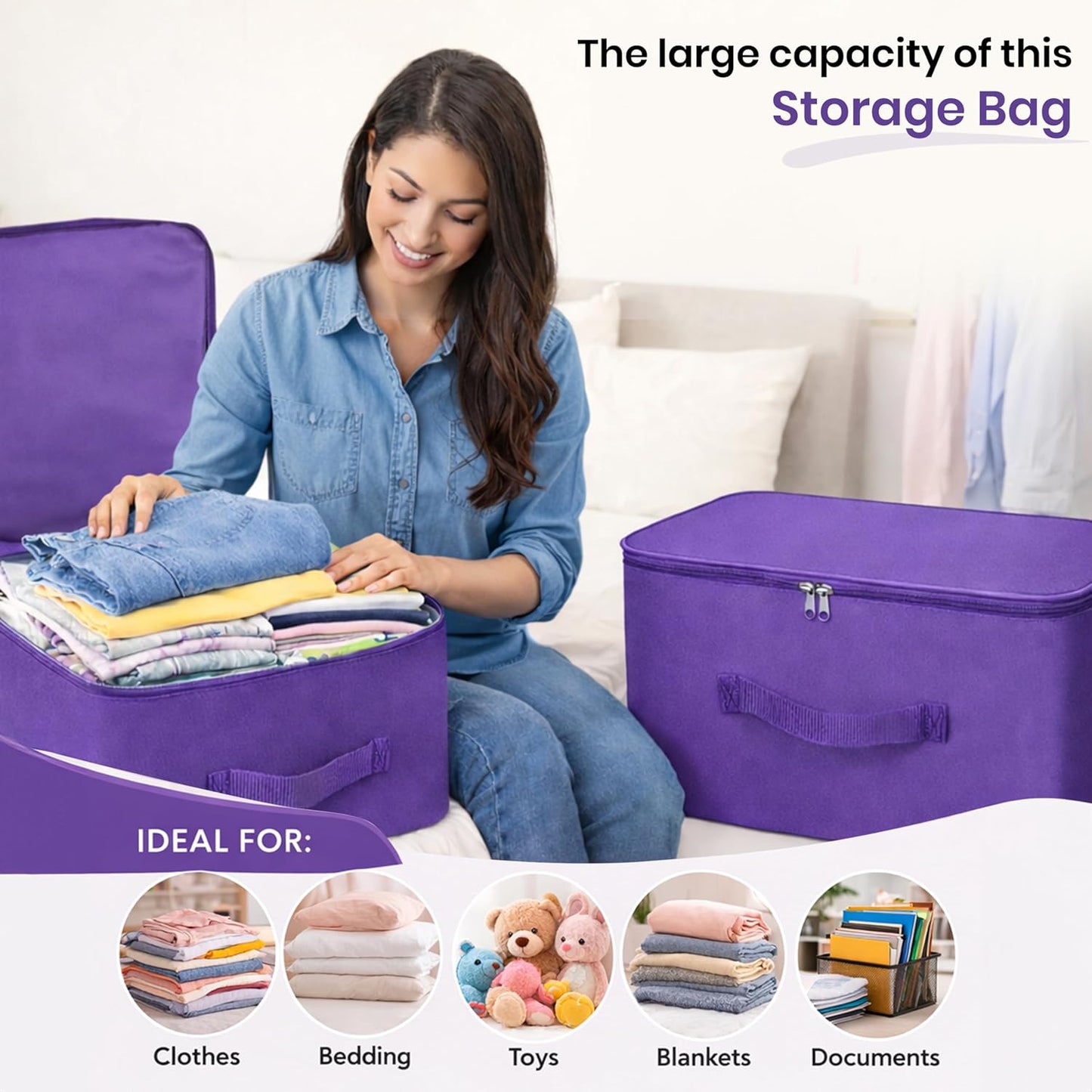 Storite 10 Pack Nylon Wardrobe Bag Underbed Moisture Proof Cloth Storage Organizer, Storage box for Clothes Saree Bags with Zippered Closure & Handle (Purple, 37x35x23 cm) Square