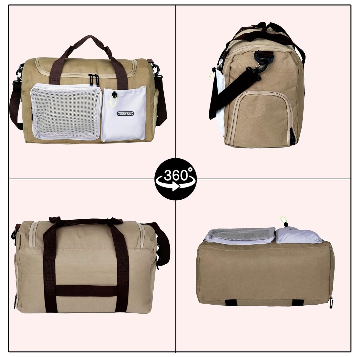 Storite 45cm Multipurpose Travel Duffle Bag for Women – Lightweight Nylon Weekender Overnight Bag with Mesh and Zipper Pockets, Shoe Compartment – Beige (45 x 19 x 29 cm)