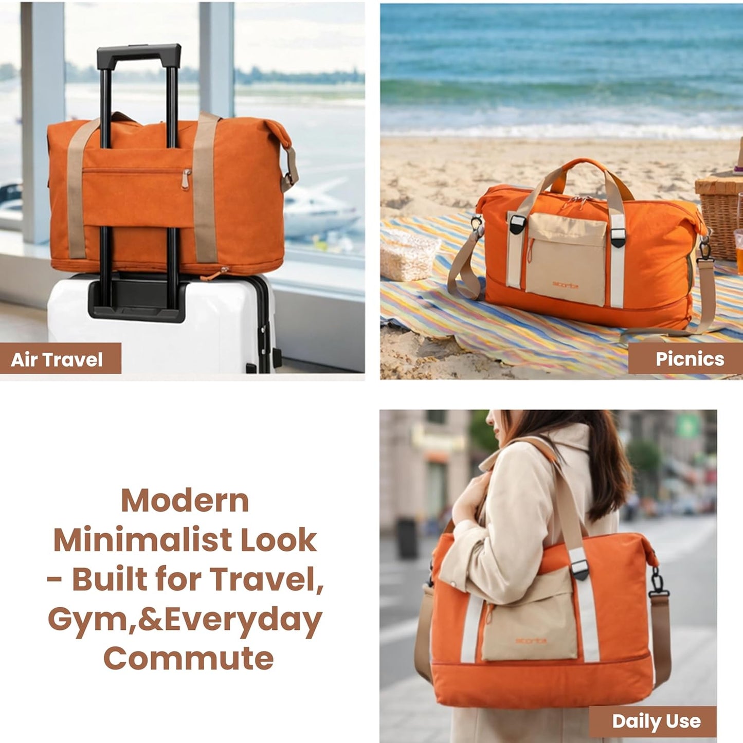 Storite Expandable Travel Duffle Bag for Women Lightweight Foldable Luggage Bag with Multi-Pocket Organizer Water Resistance Bag for Traveling, Gym Weekend Trips (Orange)