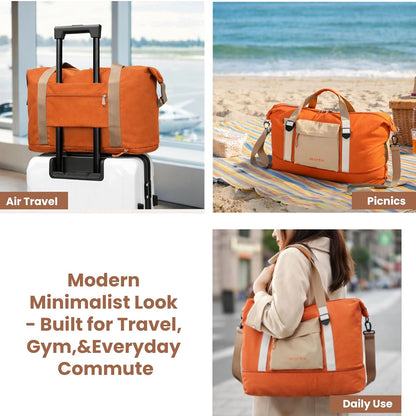 Storite Expandable Travel Duffle Bag for Women Lightweight Foldable Luggage Bag with Multi-Pocket Organizer Water Resistance Bag for Traveling, Gym Weekend Trips (Orange)
