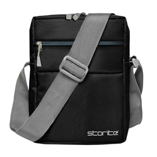 Storite Nylon Stylish Padded Mini Sling Bag for Men and Women, Small Passport Travel Bag - Black(16 x 7 x 23 Cm)