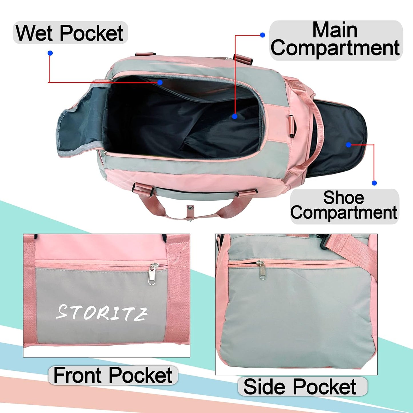 Storite Nylon 46 Cm Multi Purpose Travel Duffle Bag With Dry And Wet Separate Pocket, Lightweight Waterproof Backpack Carry Luggage Bag With Shoe Compartment (Pinkgrey, 46X27X24 Cm), 25 Centimeters Visit the Storite Store