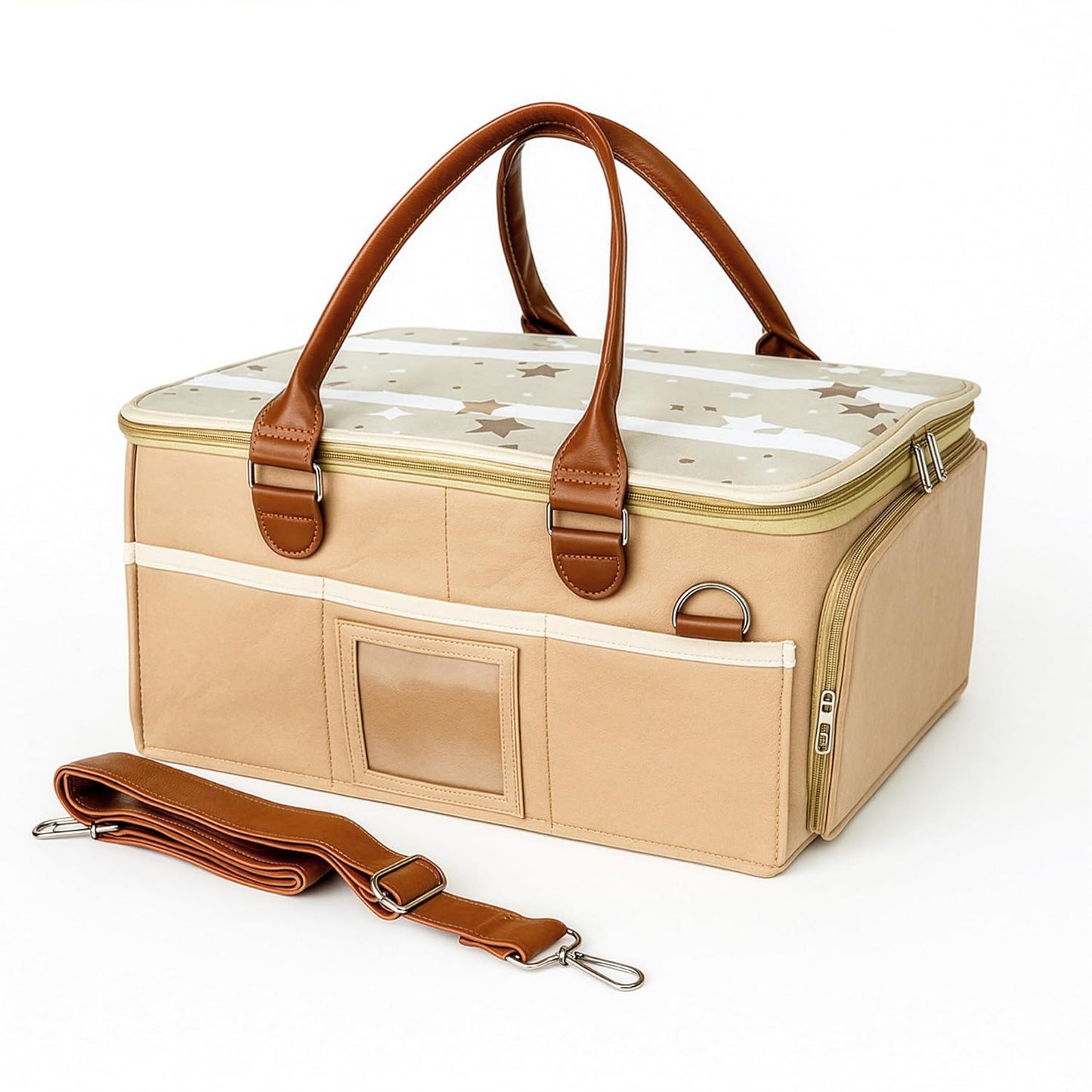 Storite Cute Felt Diaper Caddy Organizer Bag with Lid and Removable Shoulder Strap | Baby Basket Essentials for Newborn Baby Products Storage with Compartments | 40 x 27 x 19 cm | Model 2 – Beige