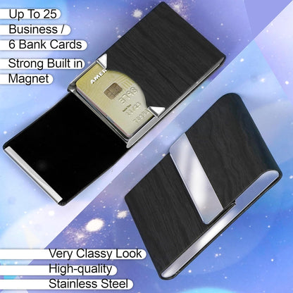Storite Vertical Wooden Texture Card Holder, PU Leather and Stainless Steel Credit Card Wallet, Business Card Holder for Men and Women (Black -9 x 1 x 6 Cm)