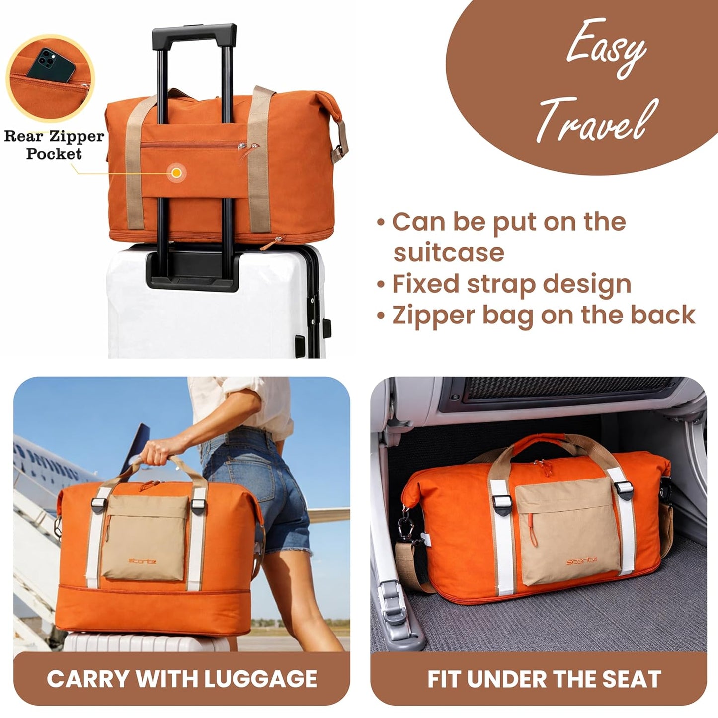 Storite Expandable Travel Duffle Bag for Women Lightweight Foldable Luggage Bag with Multi-Pocket Organizer Water Resistance Bag for Traveling, Gym Weekend Trips (Orange)