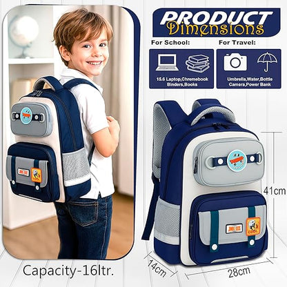 Storite Skateboard Theme School Backpack – Durable & Lightweight Bag with Cartoon Patches, Suitable for Class 5–8 Students – Navy Blue & Grey