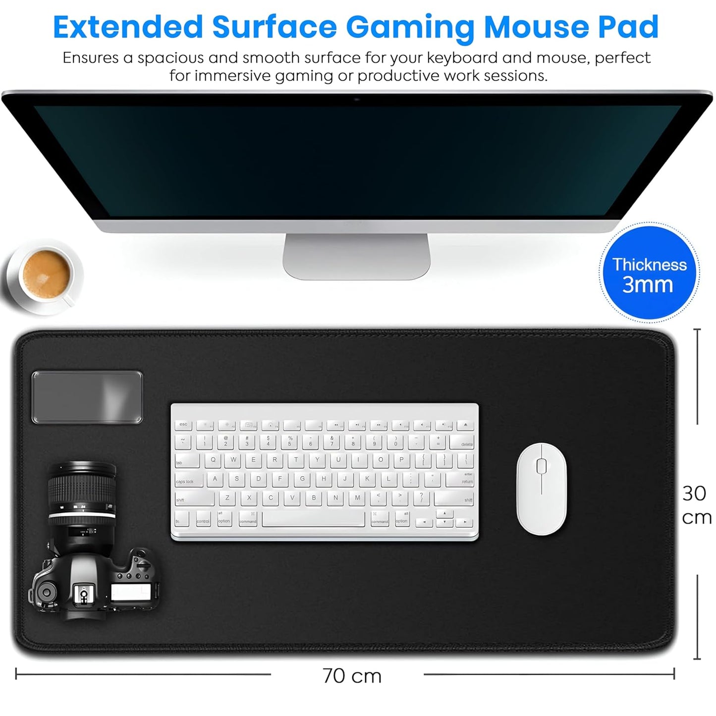 Storite 700x300x3mm Extended Gaming Mouse Pad - Non-Slip Rubber Base, Stitched Edges, Water-Resistant Surface - Black
