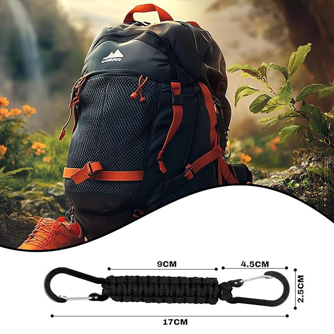 Storite Paracord Carabiner Keychain – Heavy Duty Dual Clip EDC Key Holder for Travel, Camping, Hiking, Outdoor and Everyday Use (Black)