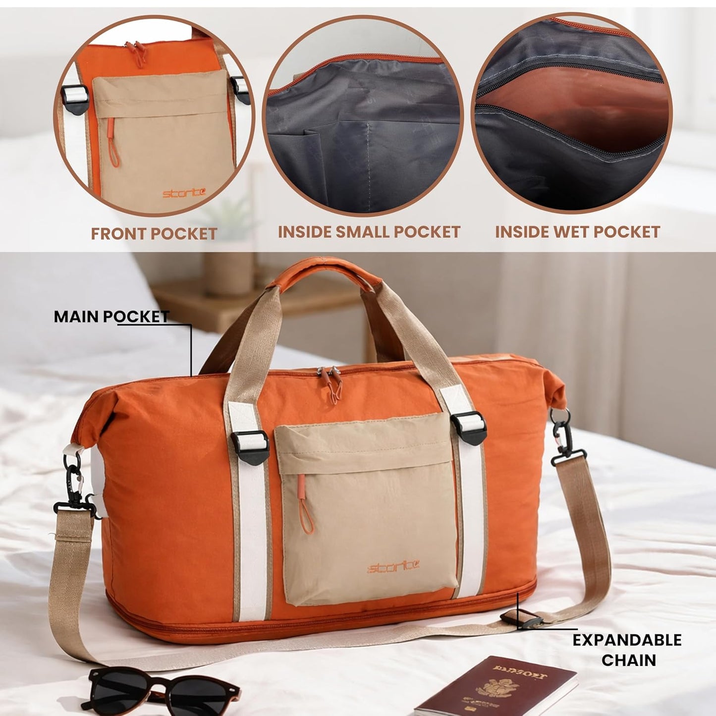 Storite Expandable Travel Duffle Bag for Women Lightweight Foldable Luggage Bag with Multi-Pocket Organizer Water Resistance Bag for Traveling, Gym Weekend Trips (Orange)